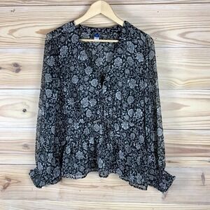 Old Navy Top 2X Floral Sheer Balloon Sleeve Black Whimsigoth Fairy Boho